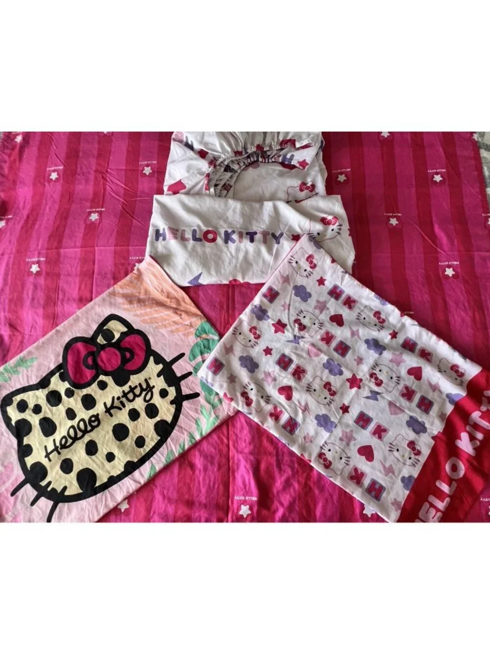 HELLO KITTY 4 Pc Twin Sheet Set Pink White Fitted Flat 2 Pillowcases Kids Rooms